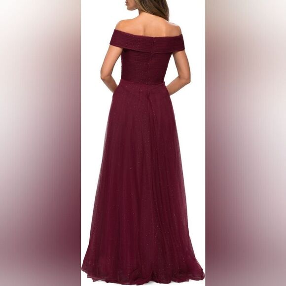 NWT LA Femme Embellished Off the Shoulder Mesh Gown - Picture 2 of 6